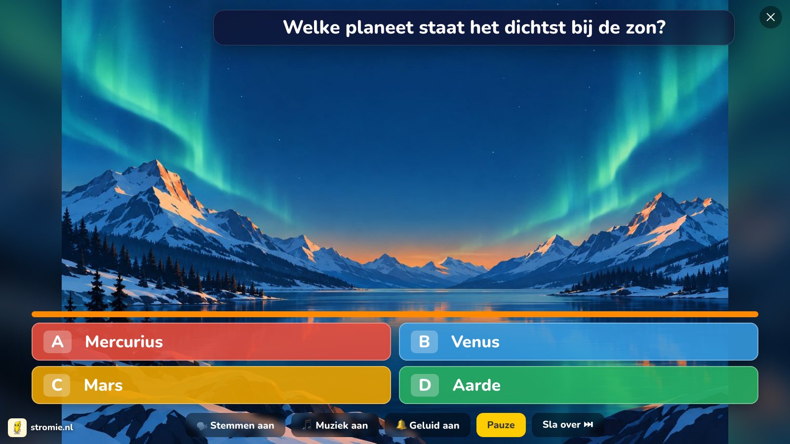 Een vraag uit een zelfgemaakte quiz op het digibord, met plaatje, tijdbalk en vier antwoorden